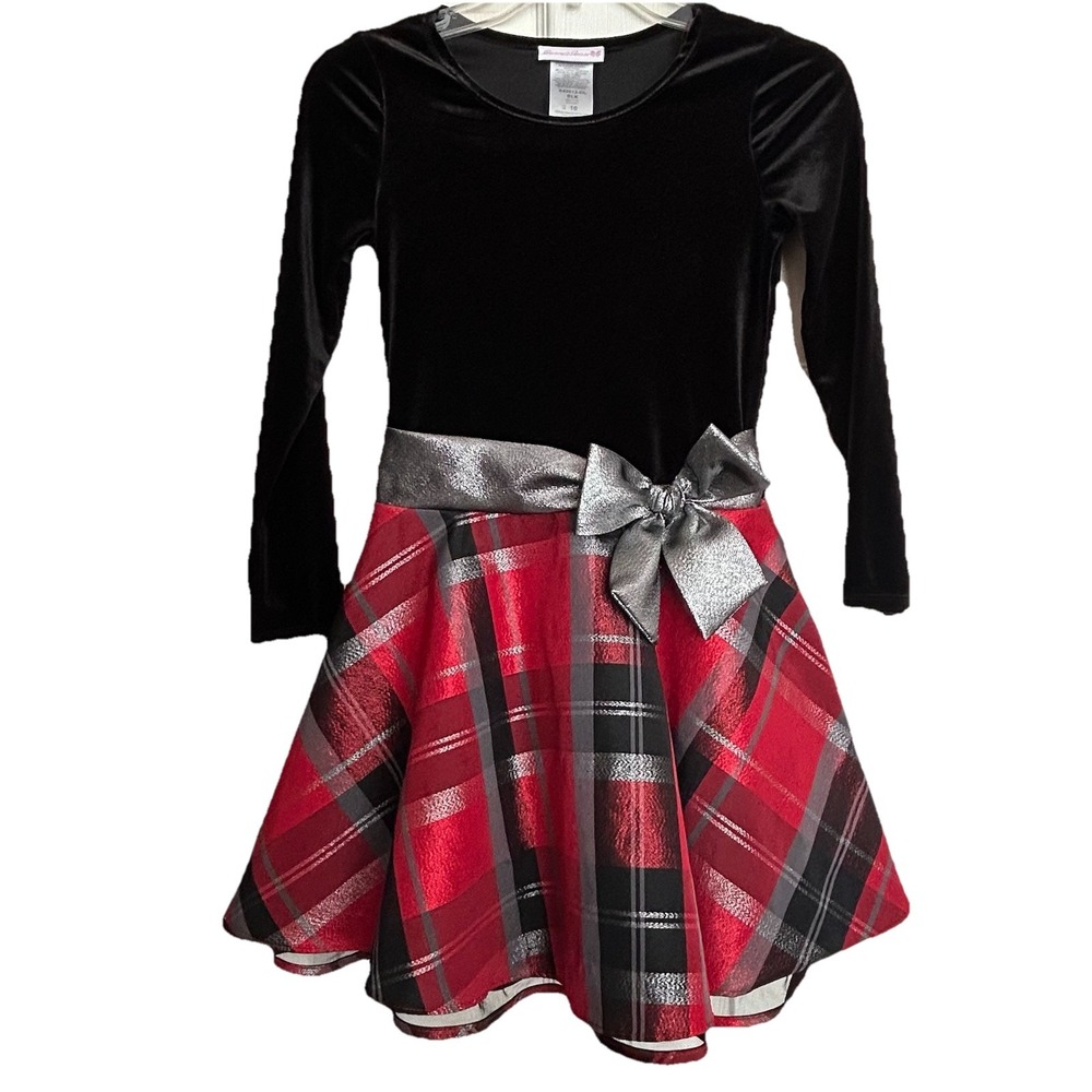 Bonnie Jean Girls Size 10 Drop Waist Velvet Holiday Dress Red & Black Plaid